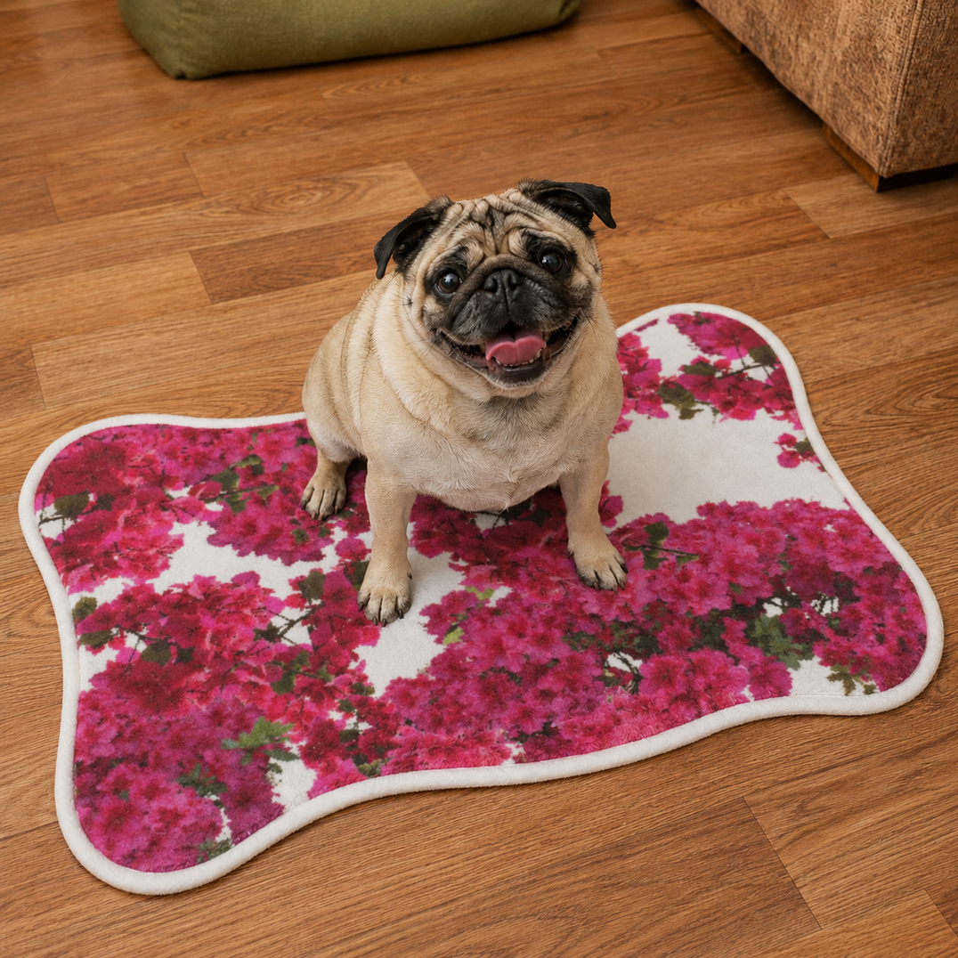 Happy pug sitting on a Charmed Life HOME Briland Ruby bone-shaped pet mat with vivid pink bougainvillea flowers.