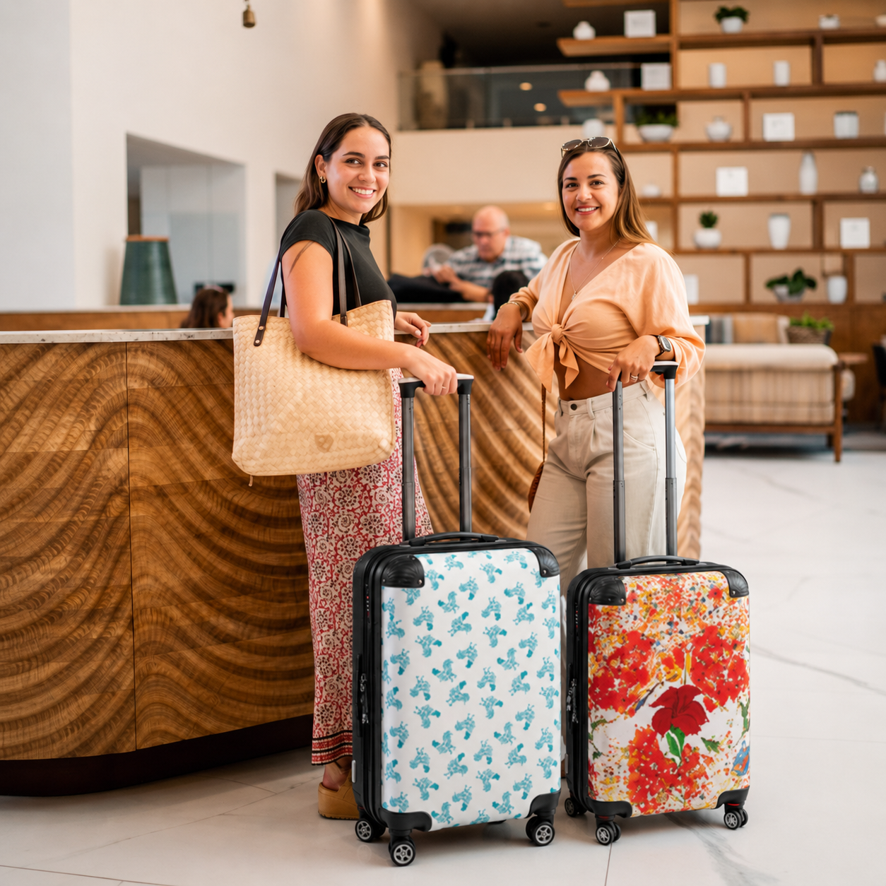 Two stylish women at a boutique hotel with Charmed Life HOME Co. art print rolling luggage in turquoise rooster and floral designs.