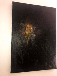 Abstract painting on a black background with a small signature in the corner