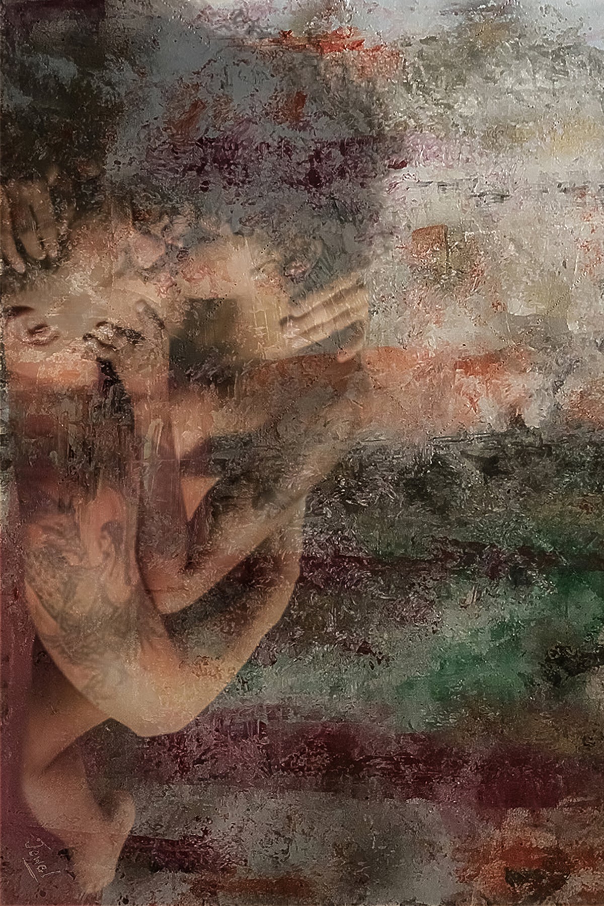 Abstract artwork with a figure and textured background