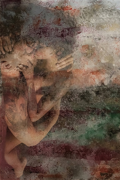 Abstract artwork with a figure and textured background
