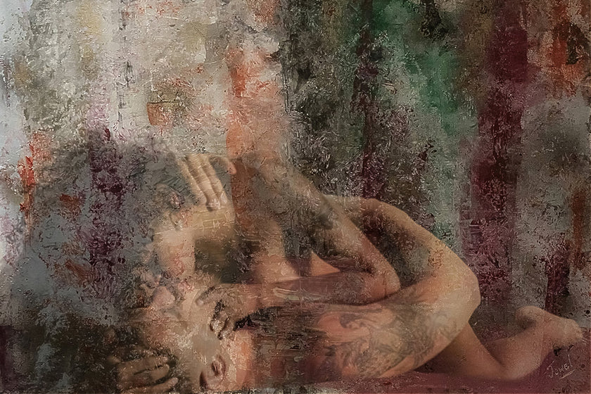 Abstract artwork with a figure and textured background