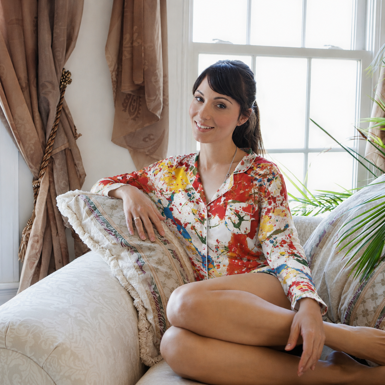 Charmed Life HOME Co. colorful art-print lounge shirt styled on an elegant woman in a bright island-inspired home interior.
